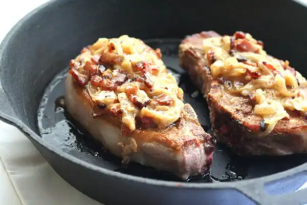caramelized onion and bacon smothered pork chops